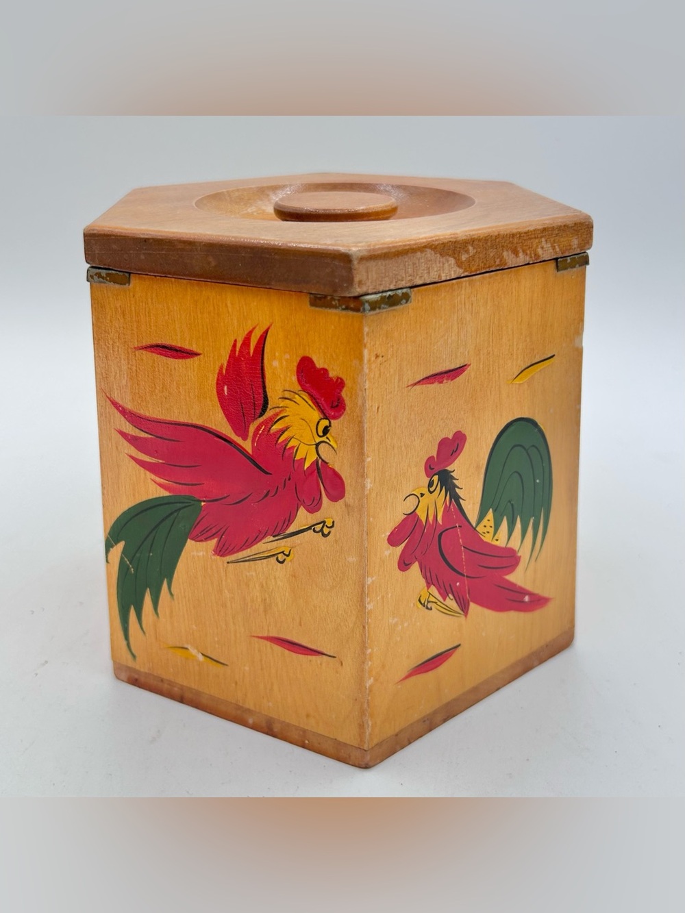Vintage Rooster Wood Nesting Canister Octagon Japan Brown Red 5.25" x 6.25"